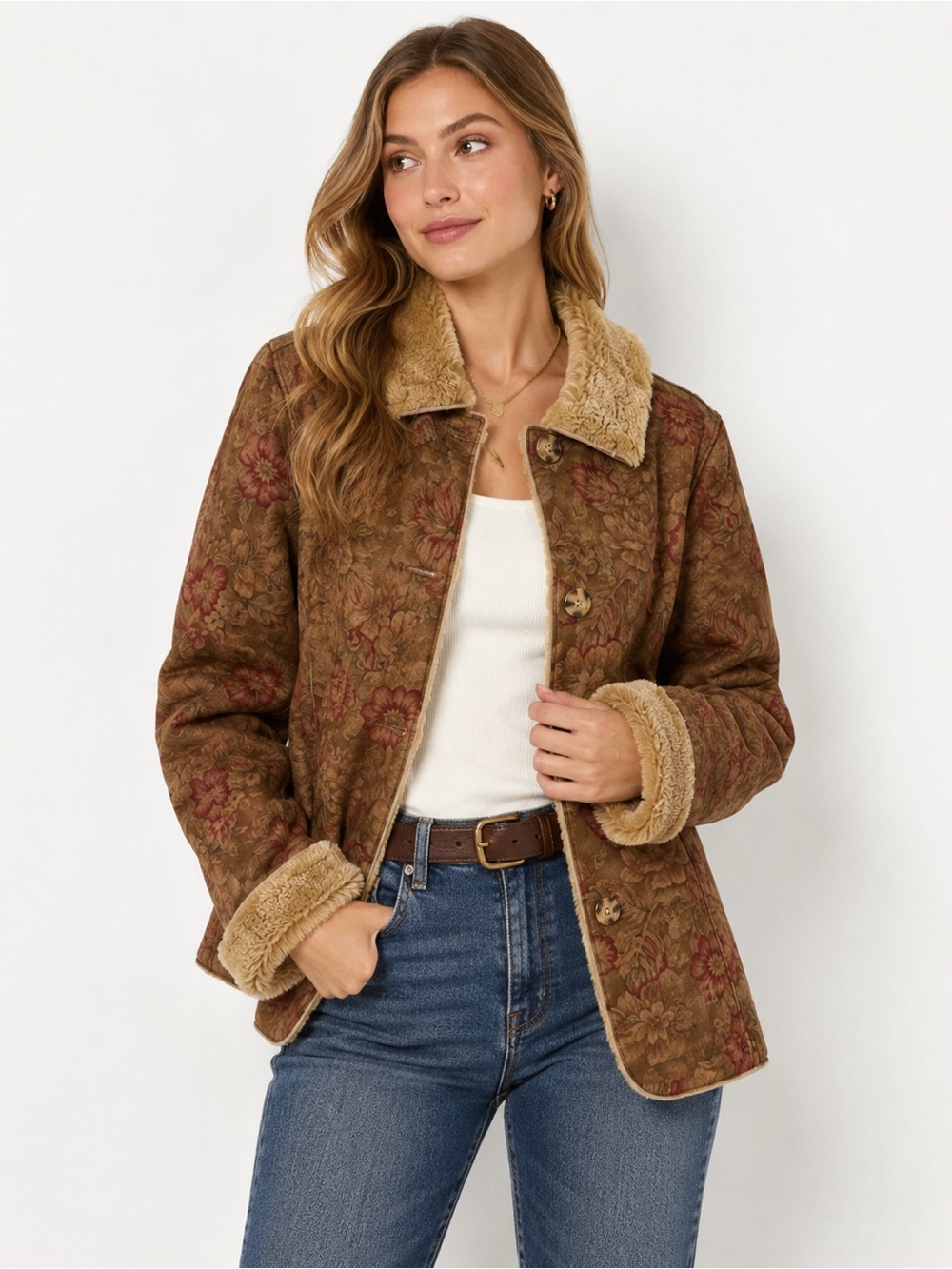 Coldwater Creek Floral Faux Suede Sherpa Jacket Brown Pink Boho Western Large